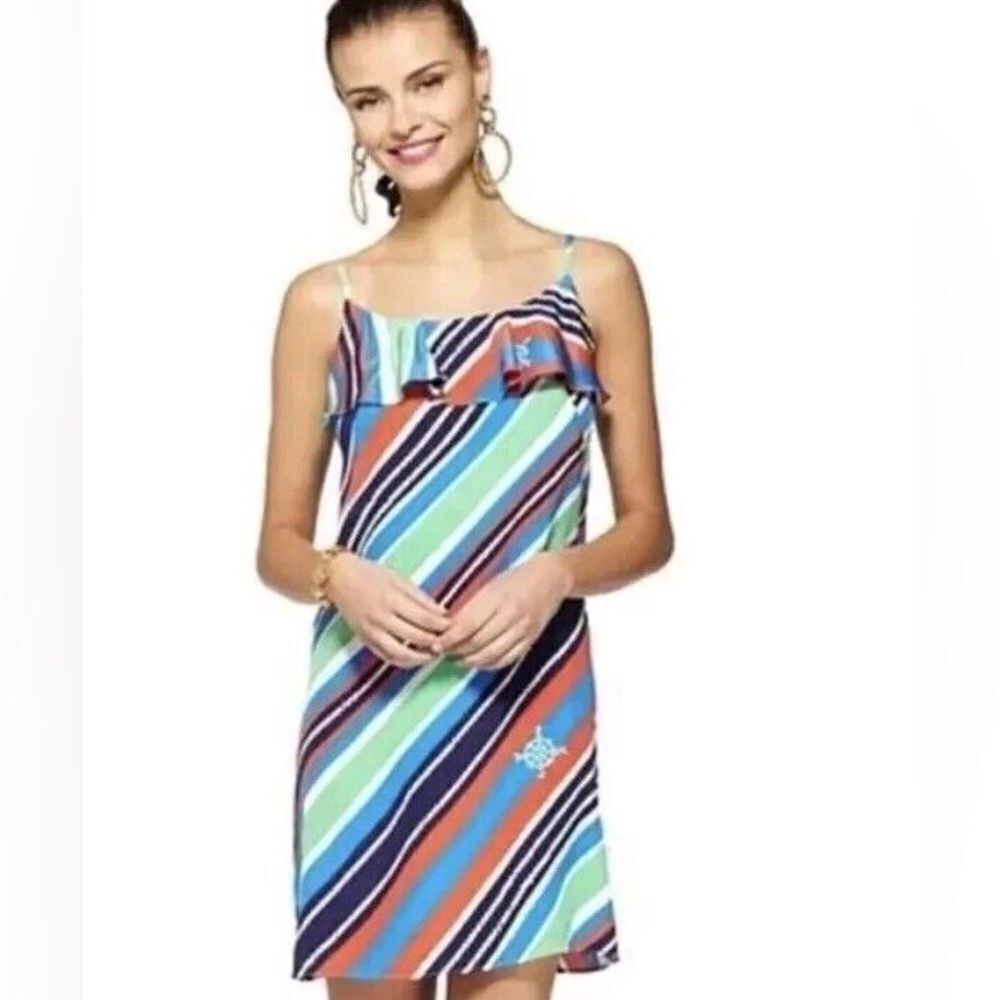 LILLY PULITZER Overboard Nautical Striped Silk Laya Dress Ruffles Size XS